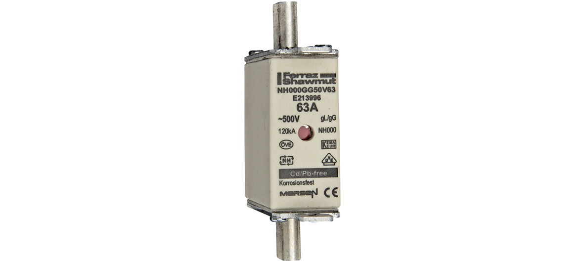 Sicherungseinsatz DIN NH Standard gG Größe NH000 500VAC 250VDC 63A spannungsführende Grifflaschen (sfü) Doppelkennmelder Körperbreite 21mm