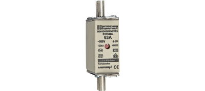 Sicherungseinsatz DIN NH Standard gG Größe NH000 500VAC 250VDC 63A spannungsführende Grifflaschen (sfü) Doppelkennmelder Körperbreite 21mm