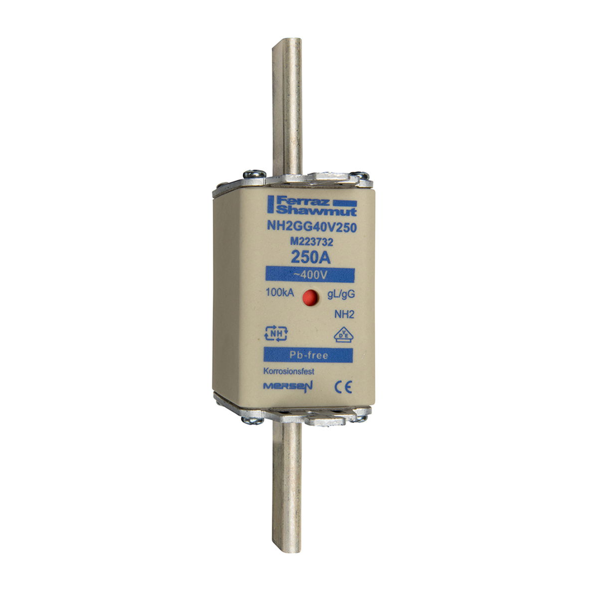 Sicherungseinsatz DIN NH Standard gG Größe NH2 400VAC 250A spannungsführende Grifflaschen (sfü) Doppelkennmelder Körperbreite 40 mm