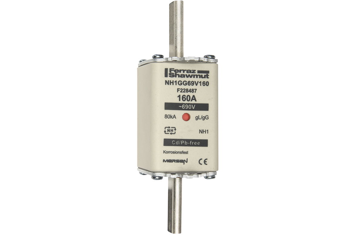 Sicherungseinsatz DIN NH Standard gG Größe NH1 690VAC 400VDC 160A spannungsführende Grifflaschen (sfü) Doppelkennmelder Körperbreite 40 mm