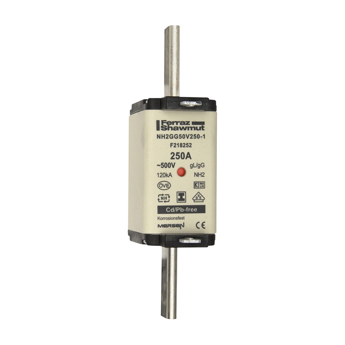 Sicherungseinsatz DIN NH Standard gG Größe NH2 500VAC 250VDC 250A spannungsfreie Grifflaschen (SGL) Doppelkennmelder Körperbreite 40 mm