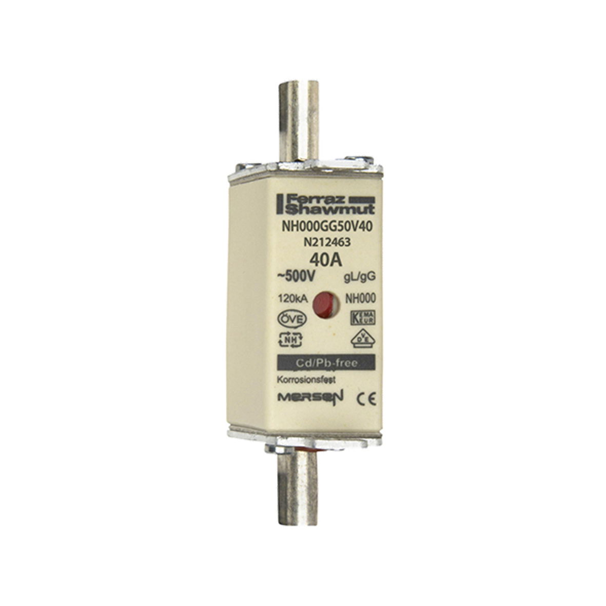Sicherungseinsatz DIN NH Standard gG Größe NH000 500VAC 250VDC 40A spannungsführende Grifflaschen (sfü) Doppelkennmelder Körperbreite 21mm