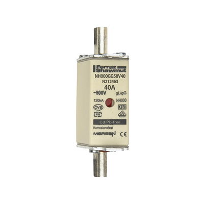 Sicherungseinsatz DIN NH Standard gG Größe NH000 500VAC 250VDC 40A spannungsführende Grifflaschen (sfü) Doppelkennmelder Körperbreite 21mm