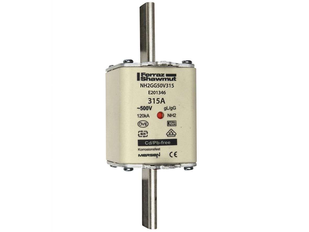 Sicherungseinsatz DIN NH Standard gG Größe NH2 500VAC 250VDC 315A spannungsführende Grifflaschen (sfü) Doppelkennmelder Körperbreite 52 mm