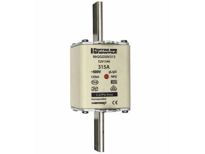 Sicherungseinsatz DIN NH Standard gG Größe NH2 500VAC 250VDC 315A spannungsführende Grifflaschen (sfü) Doppelkennmelder Körperbreite 52 mm
