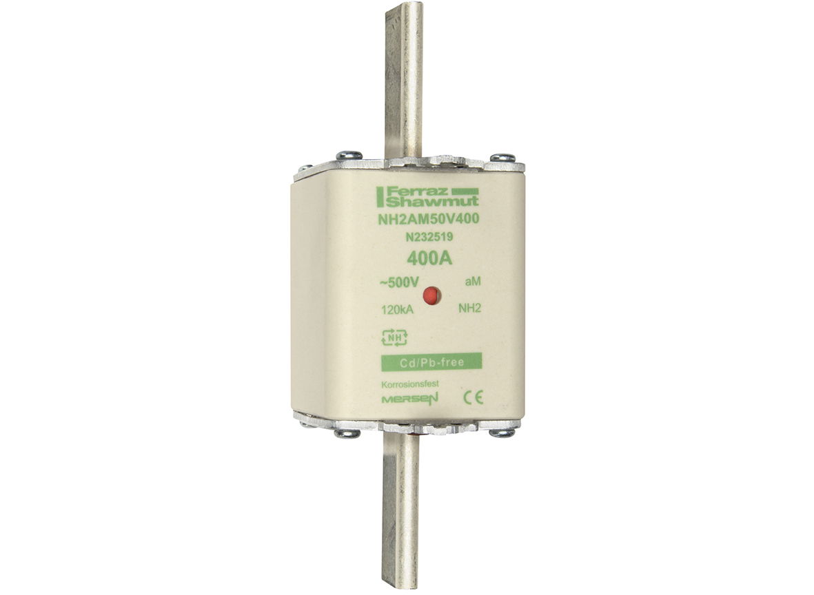 Sicherungseinsatz DIN NH Standard aM Größe NH2 500VAC 400A spannungsführende Grifflaschen (sfü) Doppelkennmelder Körperbreite 52 mm