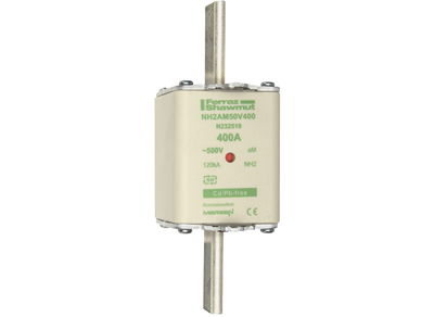 Sicherungseinsatz DIN NH Standard aM Größe NH2 500VAC 400A spannungsführende Grifflaschen (sfü) Doppelkennmelder Körperbreite 52 mm