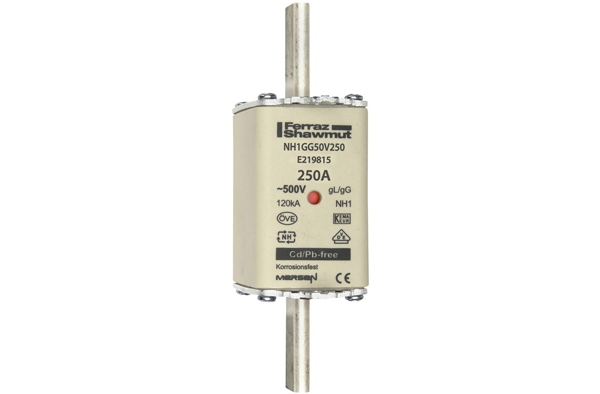 Sicherungseinsatz DIN NH Standard gG Größe NH1 500VAC 250VDC 250A spannungsführende Grifflaschen (sfü) Doppelkennmelder Körperbreite 40 mm