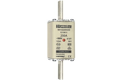 Sicherungseinsatz DIN NH Standard gG Größe NH1 500VAC 250VDC 250A spannungsführende Grifflaschen (sfü) Doppelkennmelder Körperbreite 40 mm