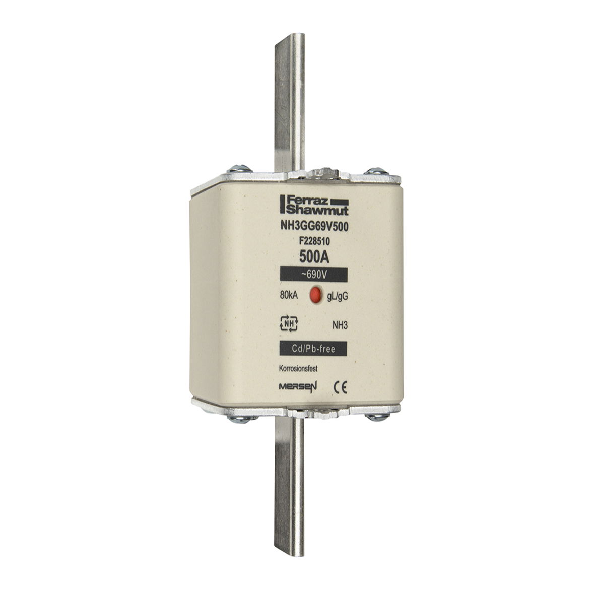 Sicherungseinsatz DIN NH Standard gG Größe NH3 690VAC 250VDC 500A spannungsführende Grifflaschen (sfü) Doppelkennmelder Körperbreite 71.9mm
