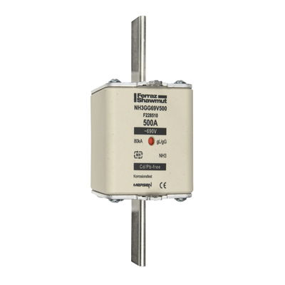 Sicherungseinsatz DIN NH Standard gG Größe NH3 690VAC 250VDC 500A spannungsführende Grifflaschen (sfü) Doppelkennmelder Körperbreite 71.9mm