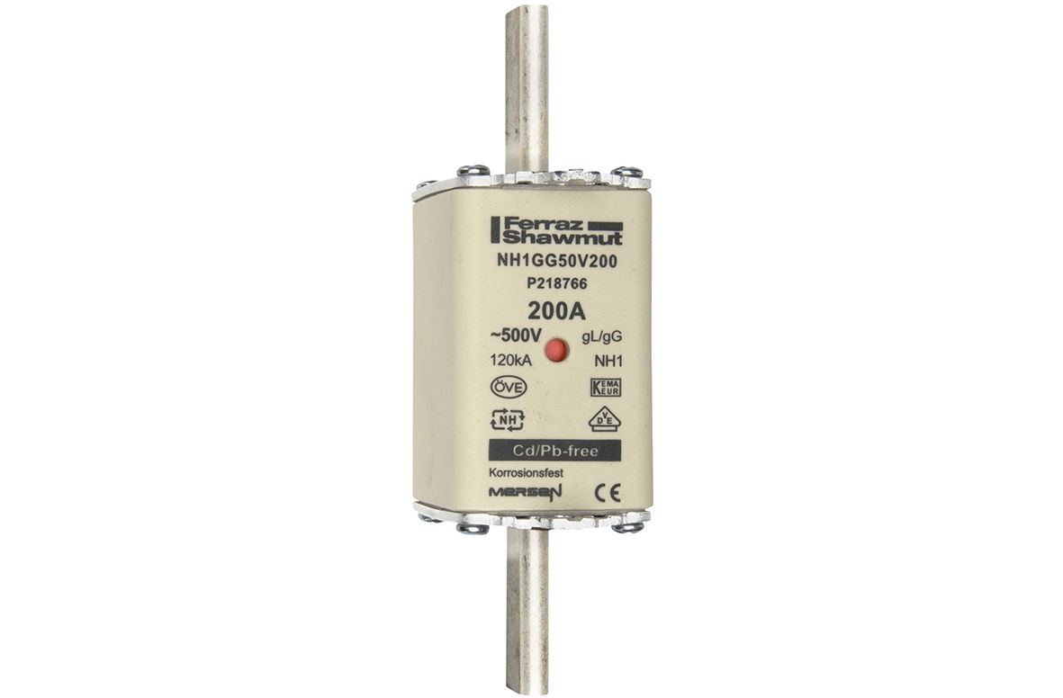 Sicherungseinsatz DIN NH Standard gG Größe NH1 500VAC 250VDC 200A spannungsführende Grifflaschen (sfü) Doppelkennmelder Körperbreite 40 mm