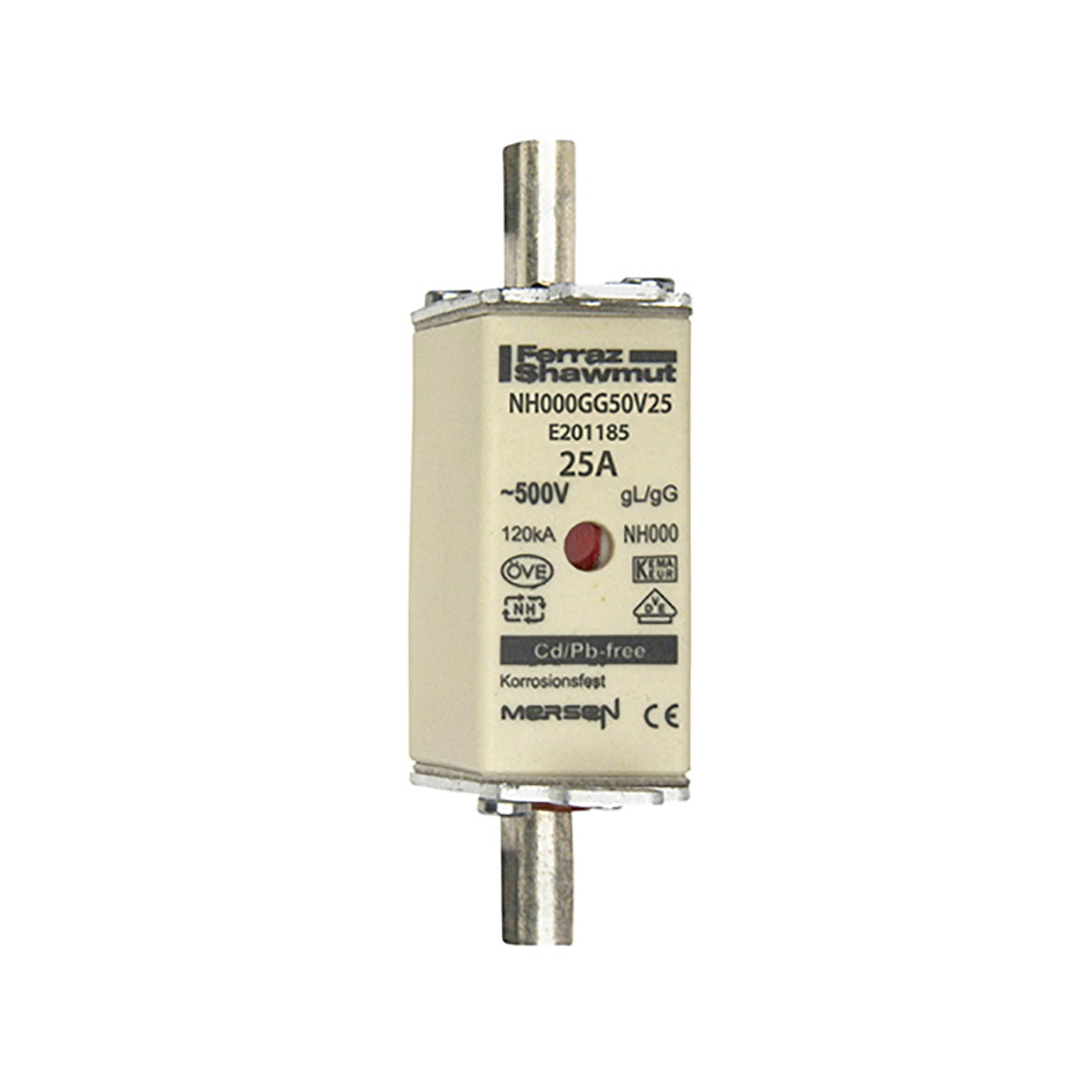 Sicherungseinsatz DIN NH Standard gG Größe NH000 500VAC 250VDC 25A spannungsführende Grifflaschen (sfü) Doppelkennmelder Körperbreite 21mm