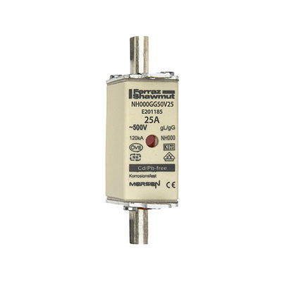 Sicherungseinsatz DIN NH Standard gG Größe NH000 500VAC 250VDC 25A spannungsführende Grifflaschen (sfü) Doppelkennmelder Körperbreite 21mm