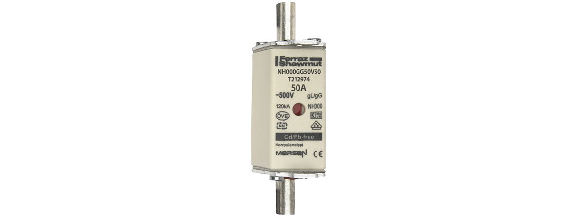 Sicherungseinsatz DIN NH Standard gG Größe NH000 500VAC 250VDC 50A spannungsführende Grifflaschen (sfü) Doppelkennmelder Körperbreite 21mm