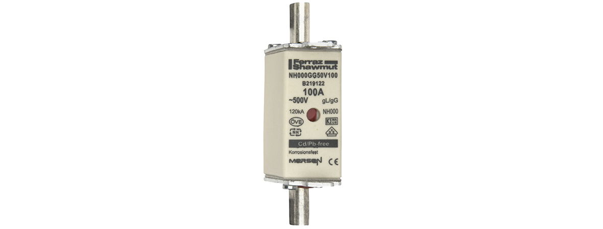 Sicherungseinsatz DIN NH Standard gG Größe NH000 500VAC 250VDC 100A spannungsführende Grifflaschen (sfü) Doppelkennmelder Körperbreite 21mm