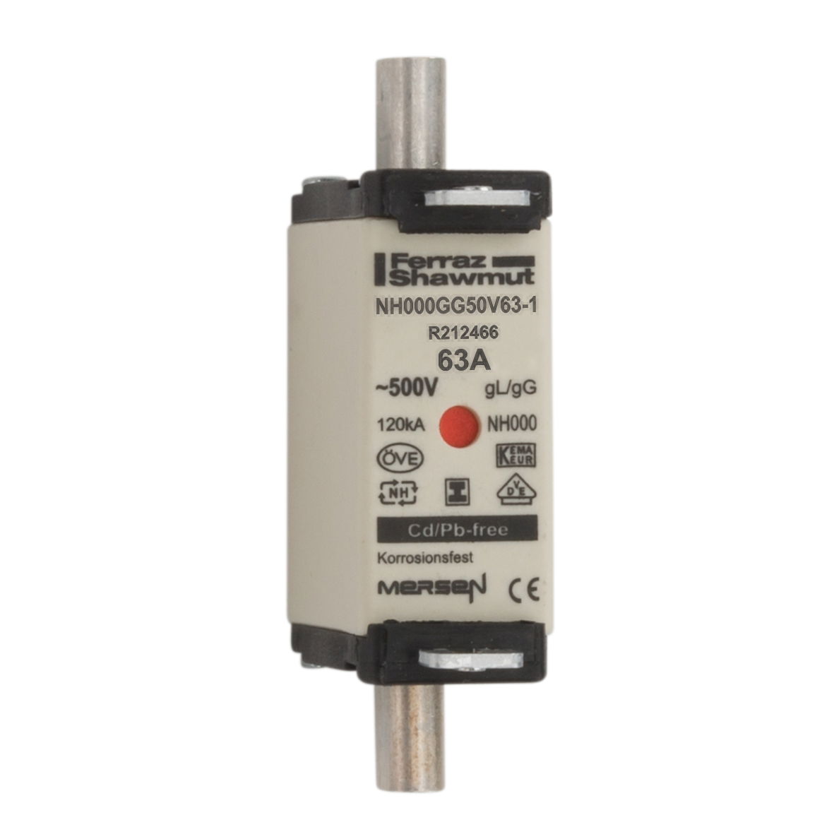 Sicherungseinsatz DIN NH Standard gG Größe NH000 500VAC 250VDC 63A spannungsfreie Grifflaschen (SGL) Doppelkennmelder Körperbreite 21mm