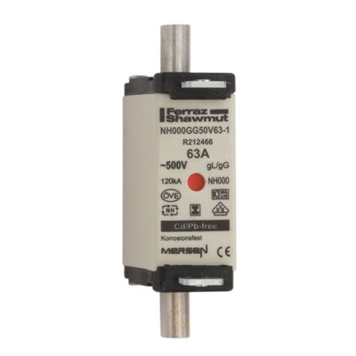 Sicherungseinsatz DIN NH Standard gG Größe NH000 500VAC 250VDC 63A spannungsfreie Grifflaschen (SGL) Doppelkennmelder Körperbreite 21mm