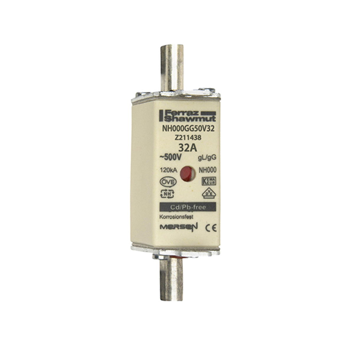 Sicherungseinsatz DIN NH Standard gG Größe NH000 500VAC 250VDC 32A spannungsführende Grifflaschen (sfü) Doppelkennmelder Körperbreite 21mm
