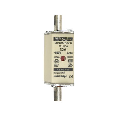 Sicherungseinsatz DIN NH Standard gG Größe NH000 500VAC 250VDC 32A spannungsführende Grifflaschen (sfü) Doppelkennmelder Körperbreite 21mm