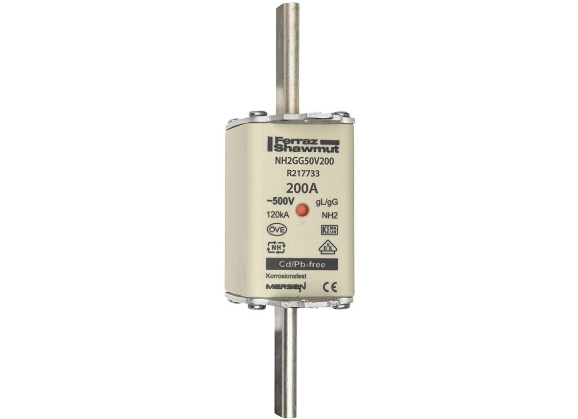 Sicherungseinsatz DIN NH Standard gG Größe NH2 500VAC 250VDC 200A spannungsführende Grifflaschen (sfü) Doppelkennmelder Körperbreite 40 mm