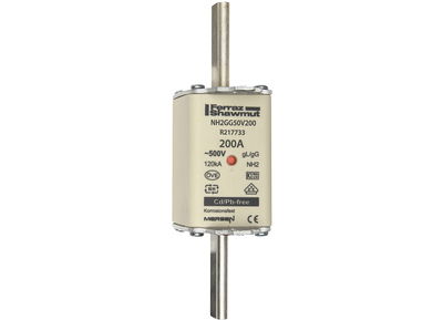 Sicherungseinsatz DIN NH Standard gG Größe NH2 500VAC 250VDC 200A spannungsführende Grifflaschen (sfü) Doppelkennmelder Körperbreite 40 mm