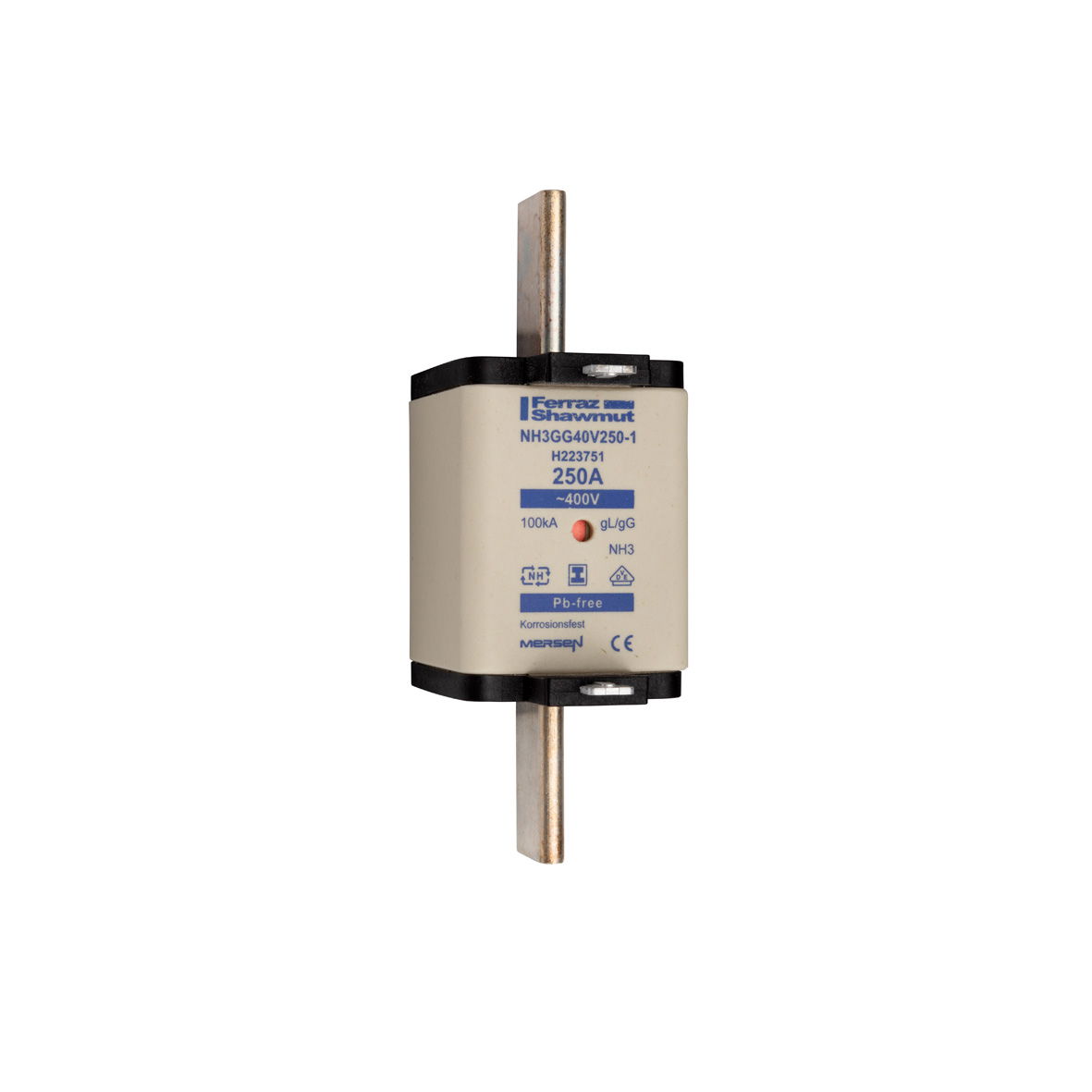 Sicherungseinsatz DIN NH Standard gG Größe NH3 400VAC 250A spannungsfreie Grifflaschen (SGL) Doppelkennmelder Körperbreite 52 mm
