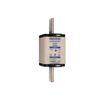Sicherungseinsatz DIN NH Standard gG Größe NH3 400VAC 250A spannungsfreie Grifflaschen (SGL) Doppelkennmelder Körperbreite 52 mm