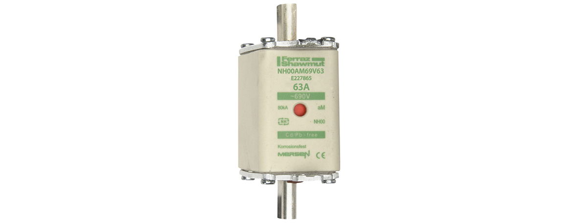 Sicherungseinsatz DIN NH Standard aM Größe NH00 690VAC 63A spannungsführende Grifflaschen (sfü) Doppelkennmelder Körperbreite 30 mm