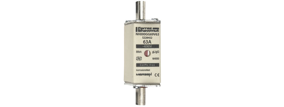 Sicherungseinsatz DIN NH Standard gG Größe NH000 690VAC 250VDC 63A spannungsführende Grifflaschen (sfü) Doppelkennmelder Körperbreite 21mm