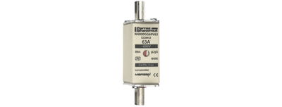 Sicherungseinsatz DIN NH Standard gG Größe NH000 690VAC 250VDC 63A spannungsführende Grifflaschen (sfü) Doppelkennmelder Körperbreite 21mm