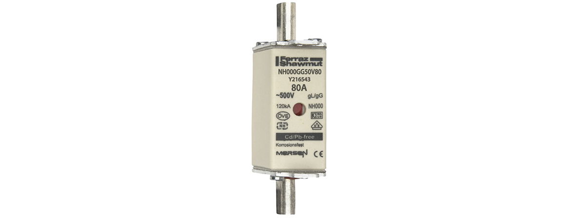 Sicherungseinsatz DIN NH Standard gG Größe NH000 500VAC 250VDC 80A spannungsführende Grifflaschen (sfü) Doppelkennmelder Körperbreite 21mm