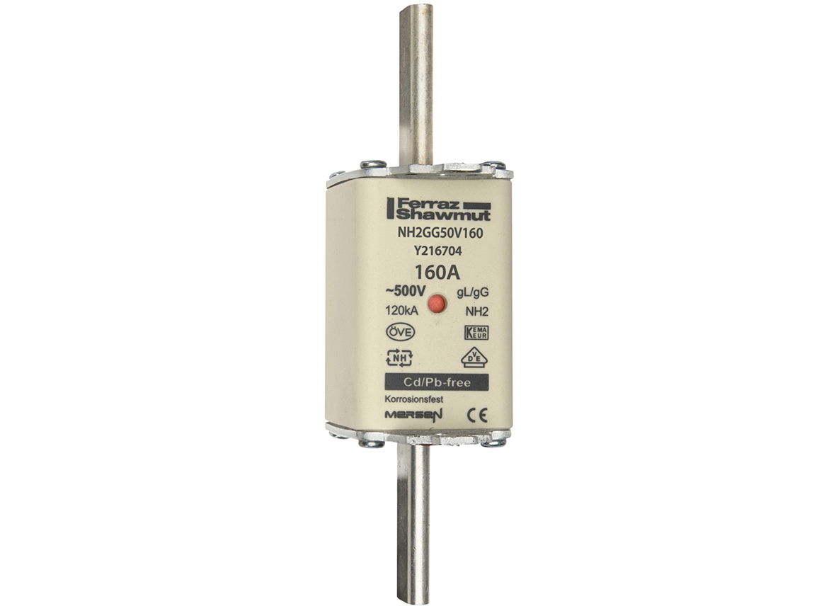 Sicherungseinsatz DIN NH Standard gG Größe NH2 500VAC 250VDC 160A spannungsführende Grifflaschen (sfü) Doppelkennmelder Körperbreite 40 mm