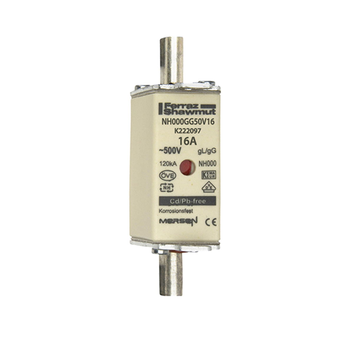 Sicherungseinsatz DIN NH Standard gG Größe NH000 500VAC 250VDC 16A spannungsführende Grifflaschen (sfü) Doppelkennmelder Körperbreite 21mm