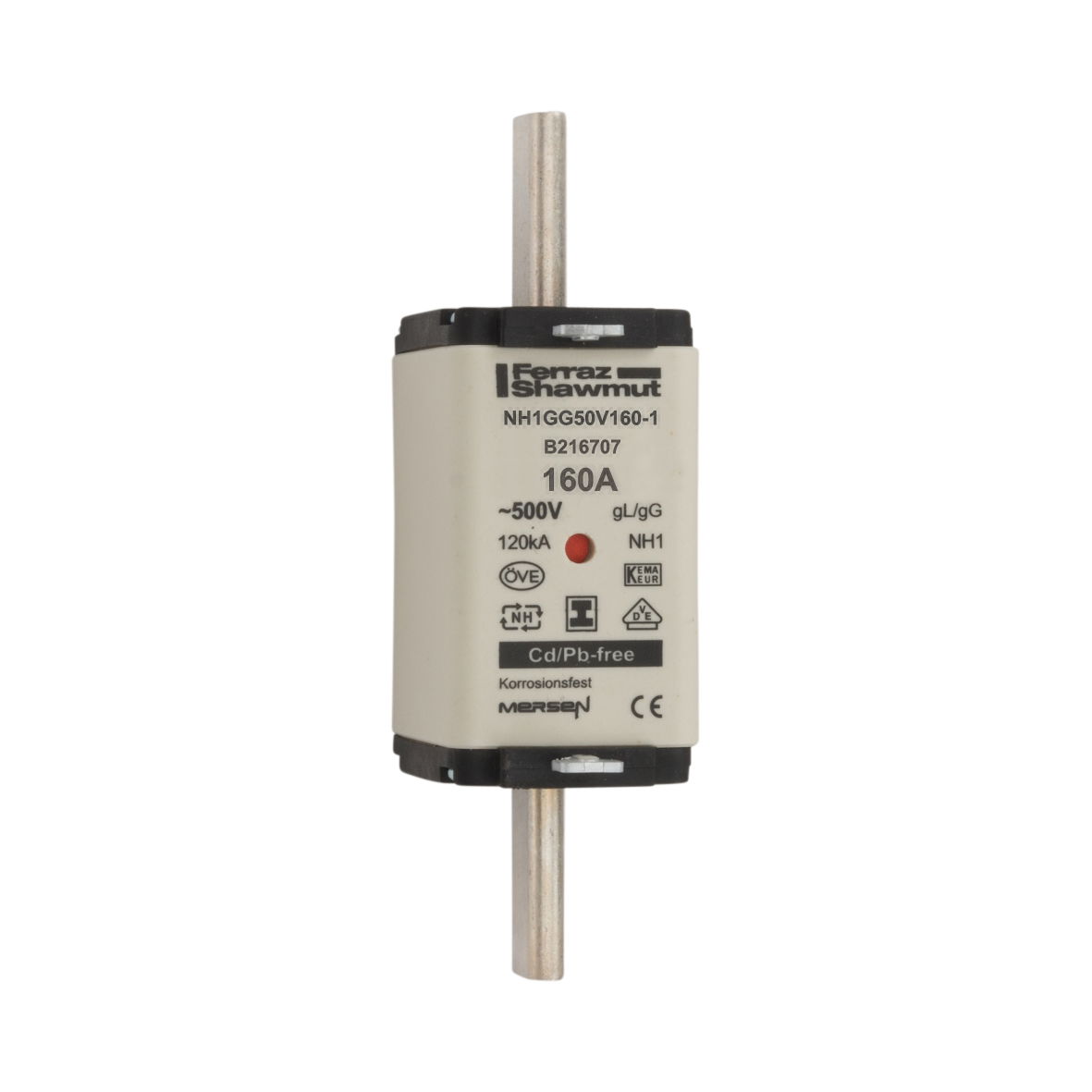 Sicherungseinsatz DIN NH Standard gG Größe NH1 500VAC 250VDC 160A spannungsfreie Grifflaschen (SGL) Doppelkennmelder Körperbreite 40 mm