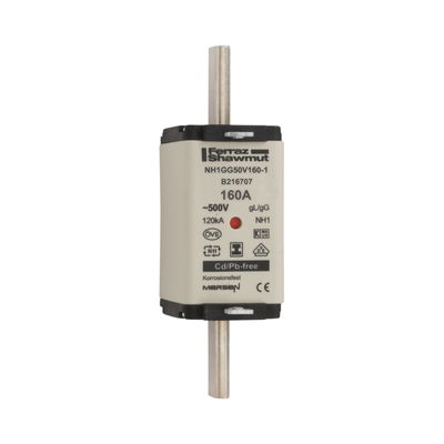 Sicherungseinsatz DIN NH Standard gG Größe NH1 500VAC 250VDC 160A spannungsfreie Grifflaschen (SGL) Doppelkennmelder Körperbreite 40 mm