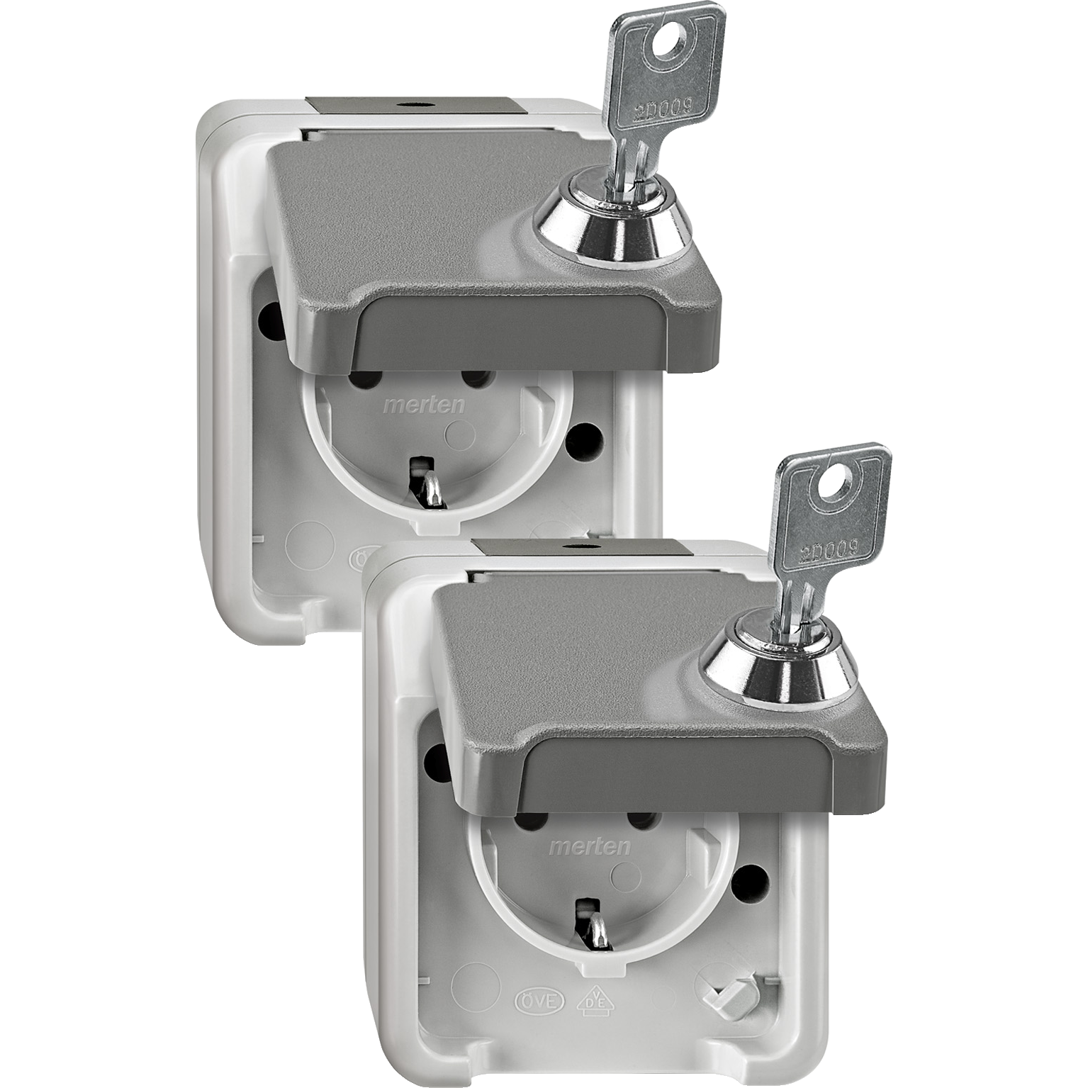 SCHUKO-Steckdose mit Berührungsschutz, abschließbar mit 2 gleichen Schließungen/ lichtgrau 2er-Set, AQUASTAR