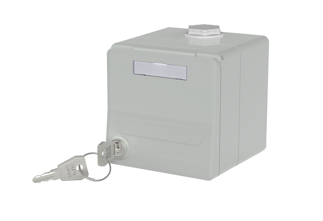 IP44 Modul-Aufputz-Gehäuse mit Klappdeckel und Schloss, grau, 2 Port unbestückt für Keystone
