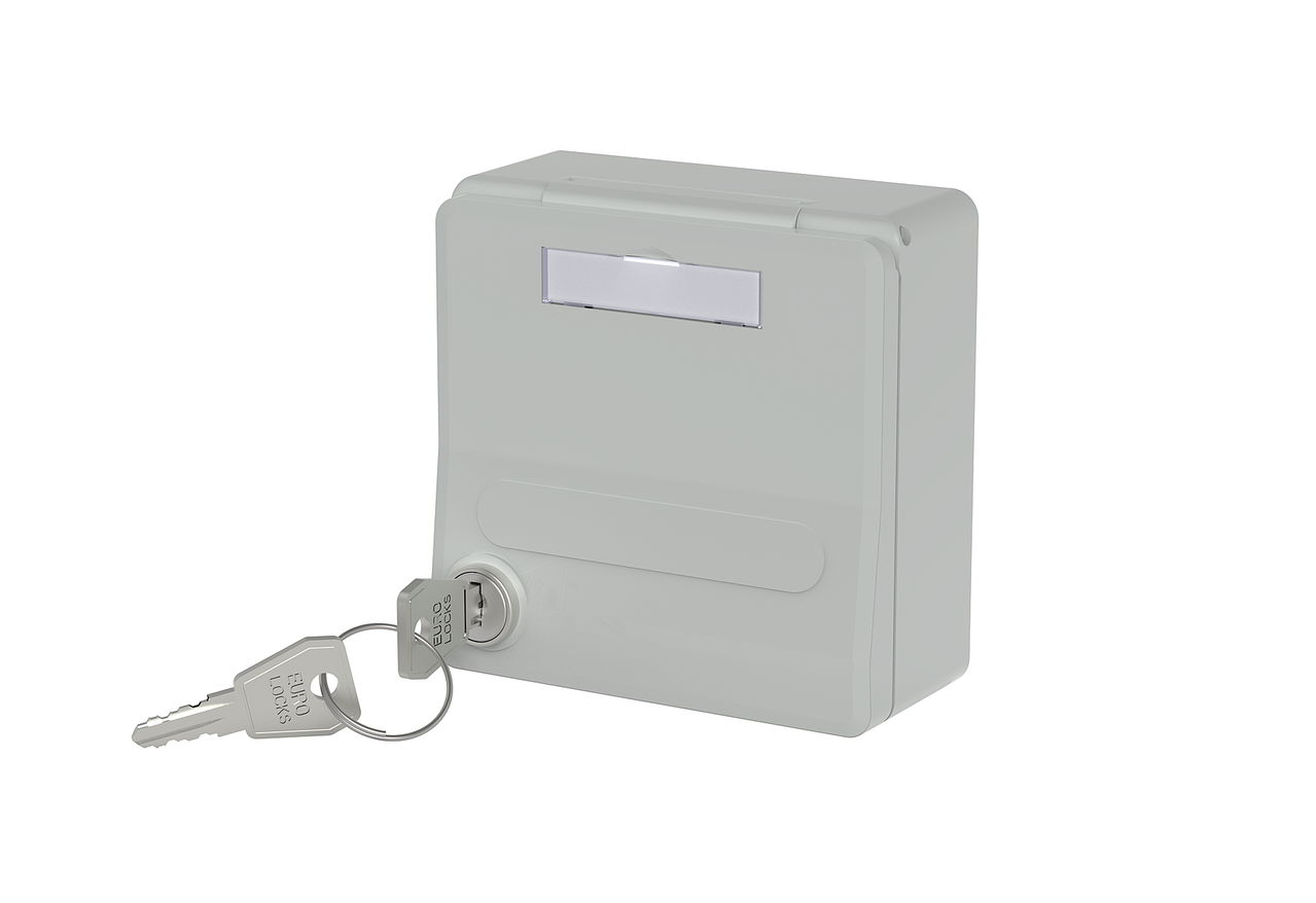 Modul-Unterputz-Gehäuse mit Klappdeckel und Schloss, grau, 2 Port unbestückt für MC Modul