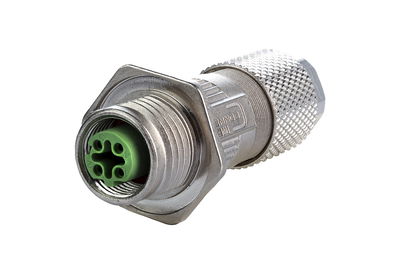 M12 Buchse, D-kodiert, IP67, Cat.5, Ø 6-9,7 mm, feldkonfektionierbar, mit Flansch