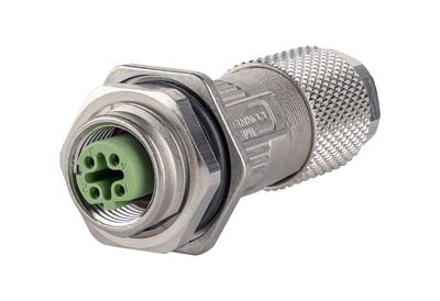 M12 Buchse, D-kodiert, IP67, Cat.5, Ø 4-6 mm, feldkonfektionierbar, mit Flansch