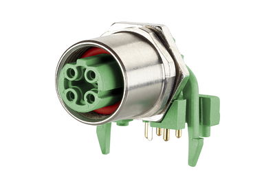 Leiterplattenbuchse M12, D-kodiert, 4-polig, IP67, 90° gewinkelt, max. 5 mm Wandstärke