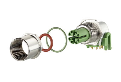 Leiterplattenbuchse M12, X-kodiert, 8-polig, IP67, 90° gewinkelt, max. 5 mm Wandstärke, in Einzelteilen