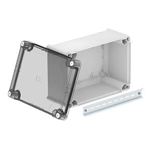 Kabelabzweigkasten geschlossen mit hohem transparentem Deckel 285x201x139, PP/PC, lichtgrau, RAL 7035