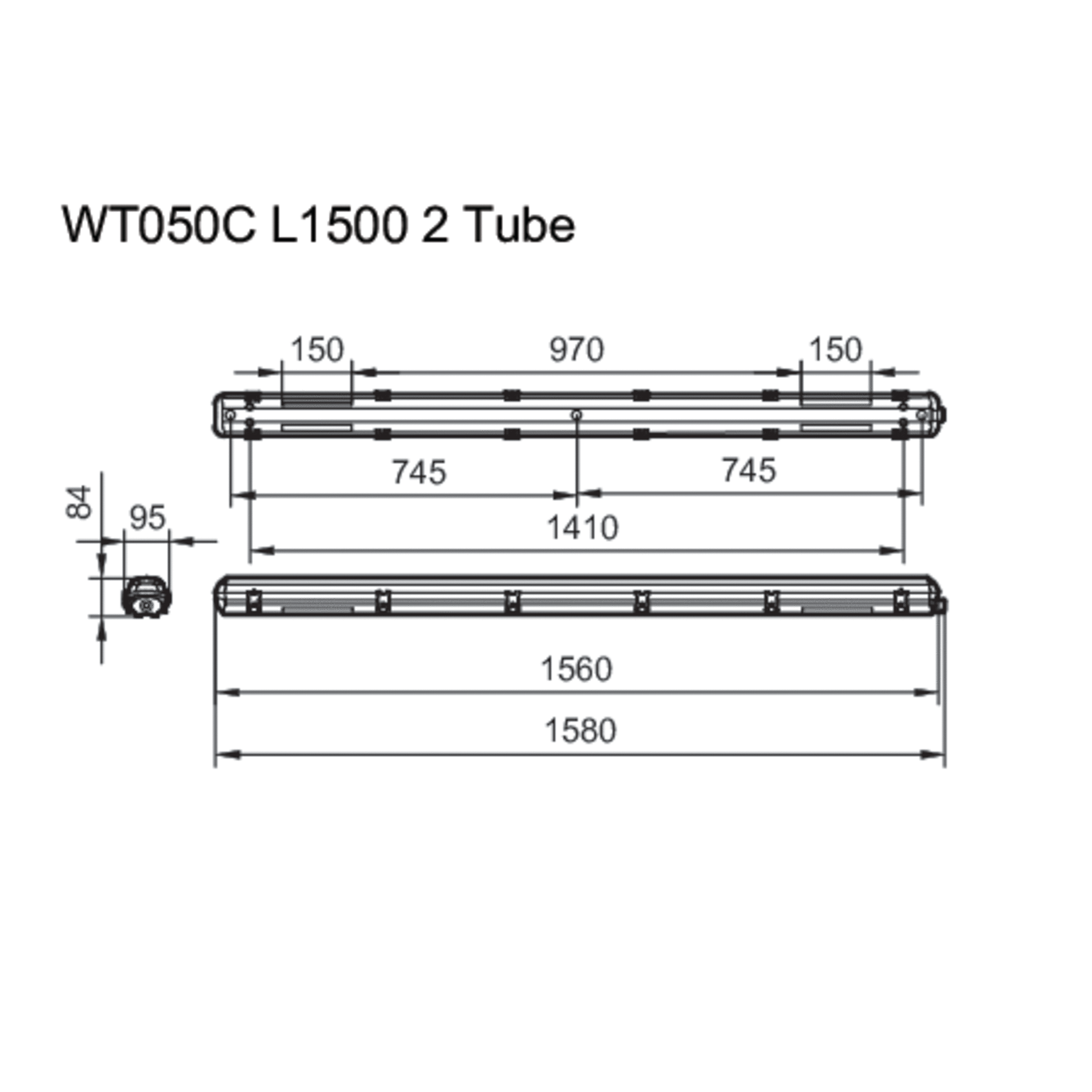 Ledinaire Feuchtraumleuchte Leergehäuse WT050C für T8 LED-Röhren, L1500 mm, IP65, IK08