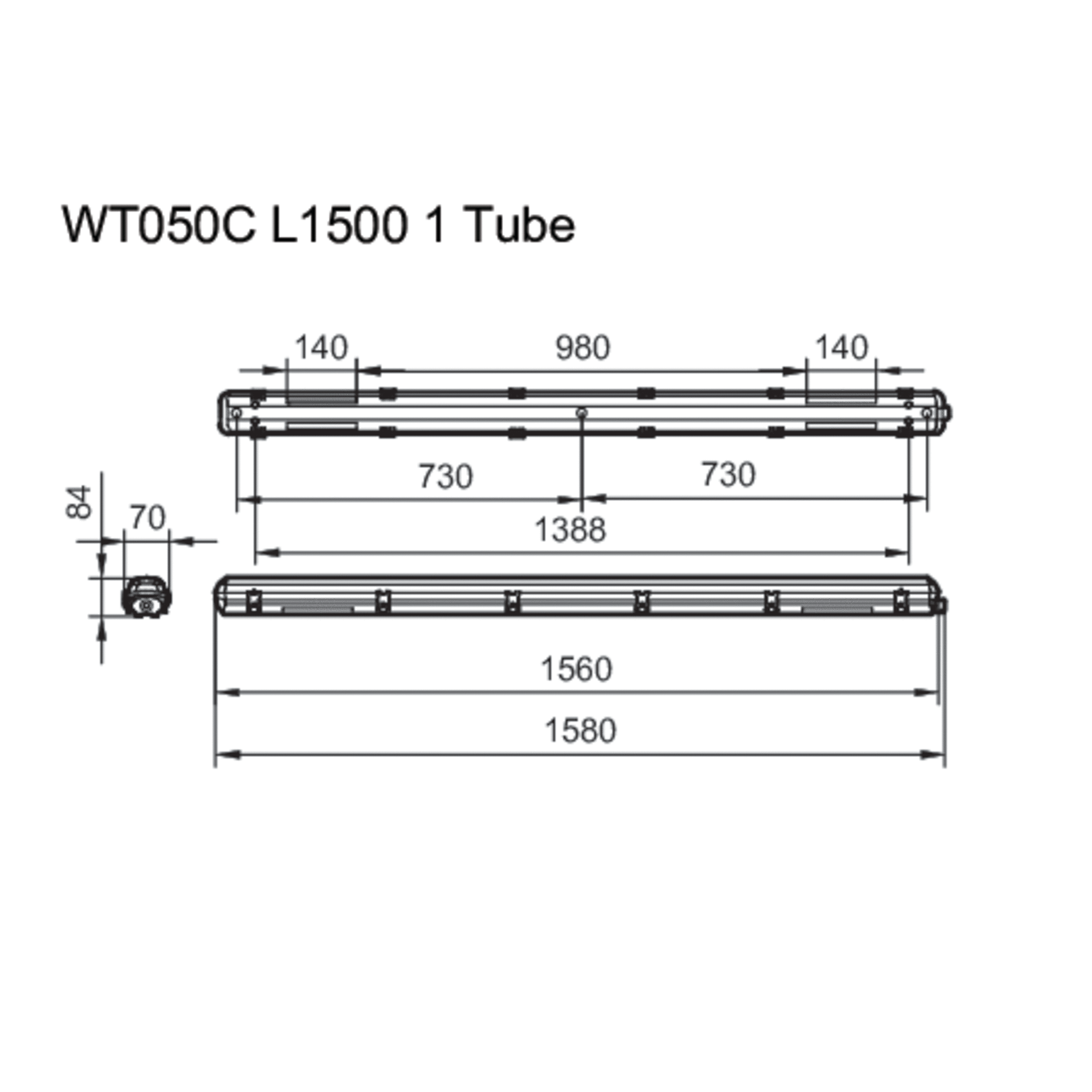 Ledinaire Feuchtraumleuchte Leergehäuse WT050C für T8 LED-Röhren, L1500 mm, IP65, IK08