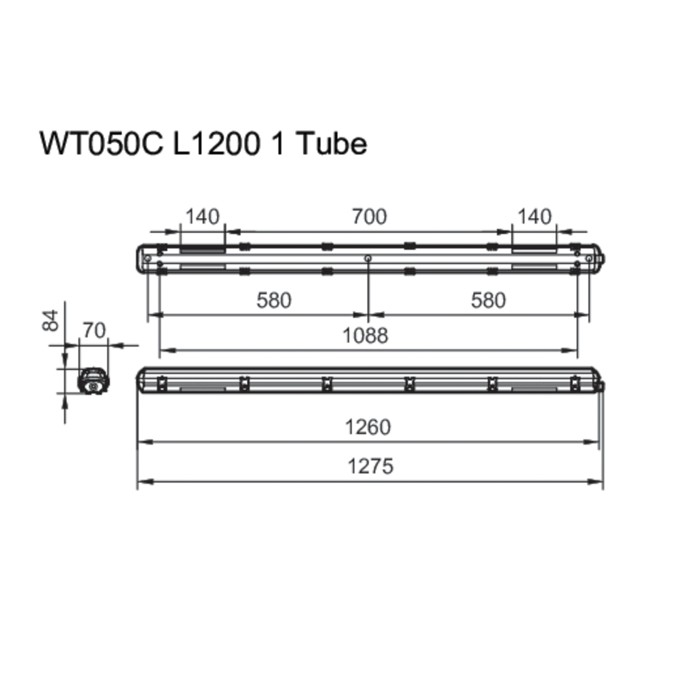 Ledinaire Feuchtraumleuchte Leergehäuse WT050C für T8 LED-Röhren, L1200 mm, IP65, IK08