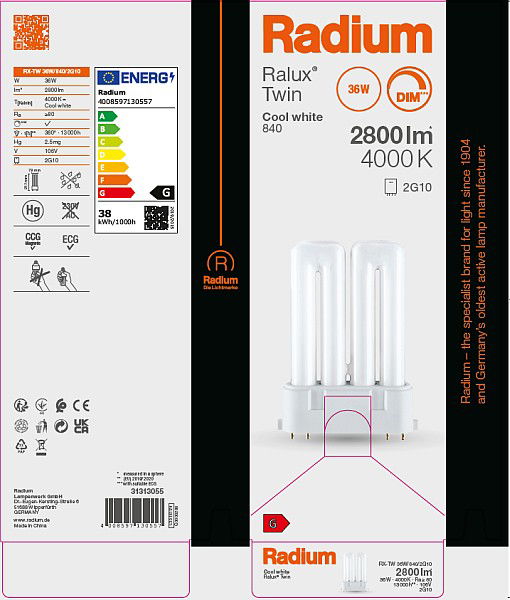 Kompaktleuchtstofflampe Ralux®Twin , RX-TW 36W/840/2G10 – Bild 10 von 11