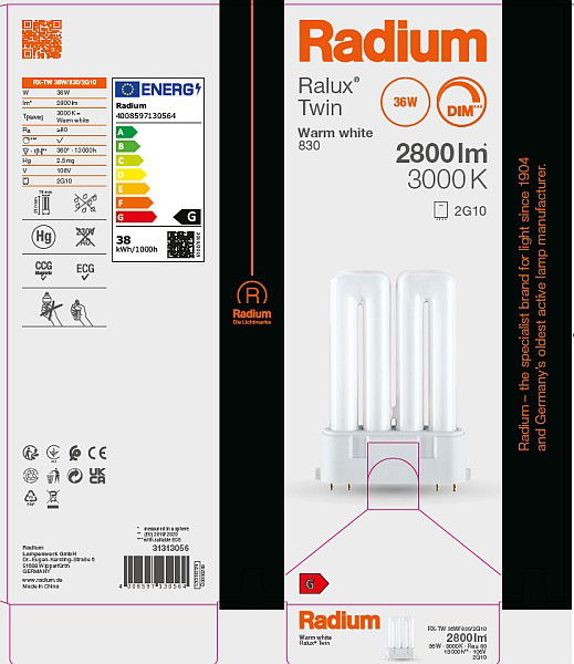 Kompaktleuchtstofflampe Ralux®Twin , RX-TW 36W/830/2G10 – Bild 10 von 11