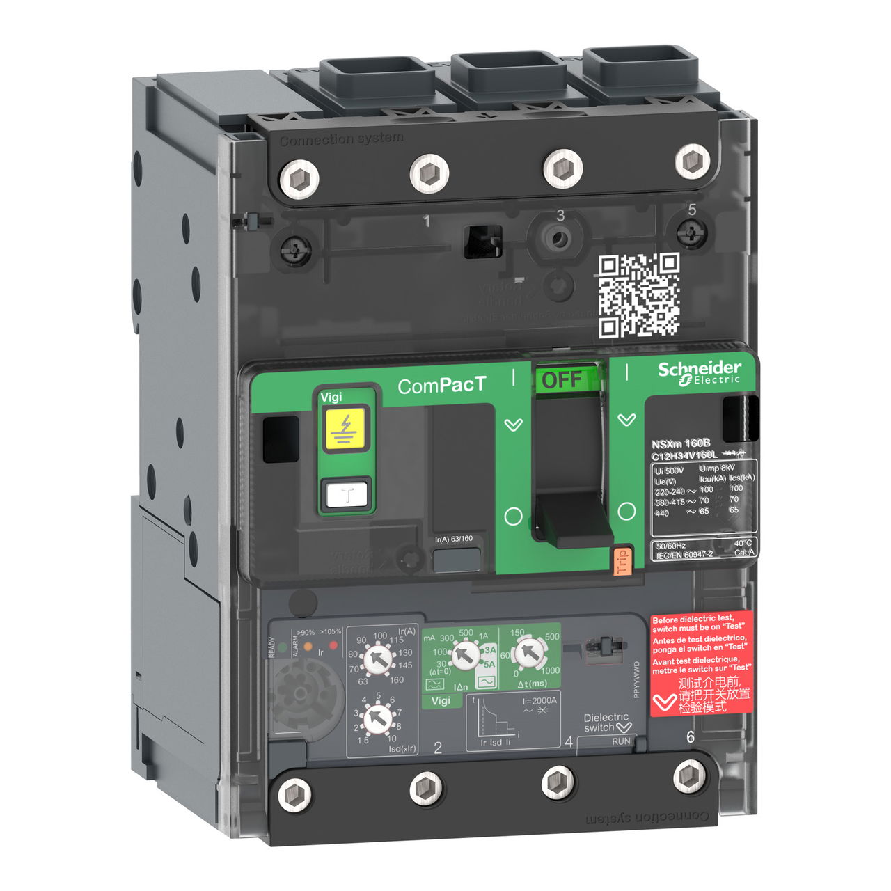 Kompaktleistungsschalter mit Differenzstromschutz ComPacT NSXm mit MicroLogic 4.1 VIGI 160A 3P 50kA/415V EverLink